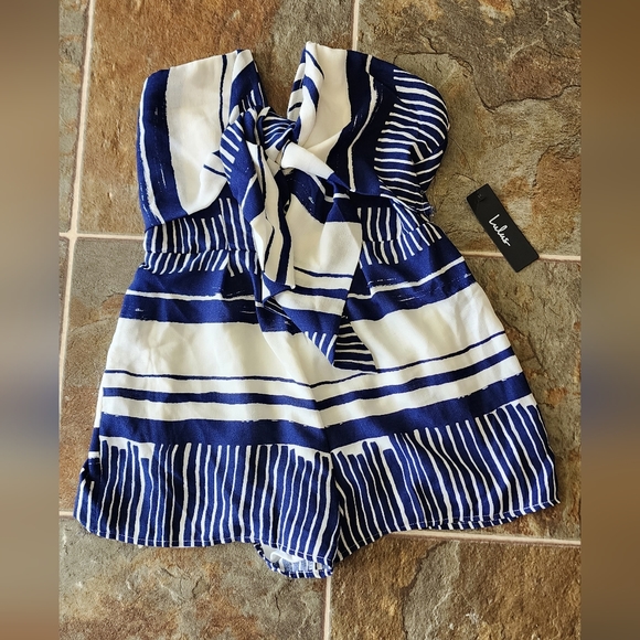 NWT Lulus Delphi Greek Isles Romper S Jumpsuit Blue and White - Picture 7 of 7